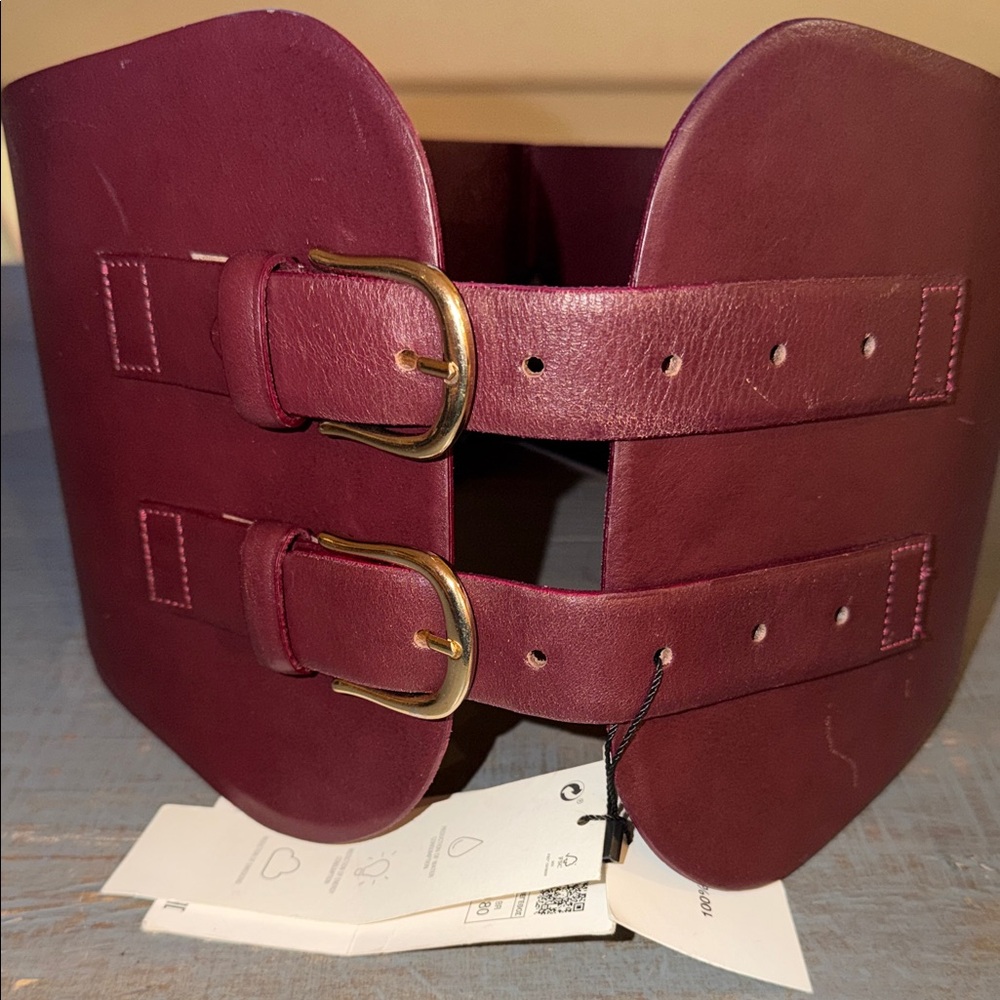 Zara Burgundy Double-Buckle Wide Leather Belt
